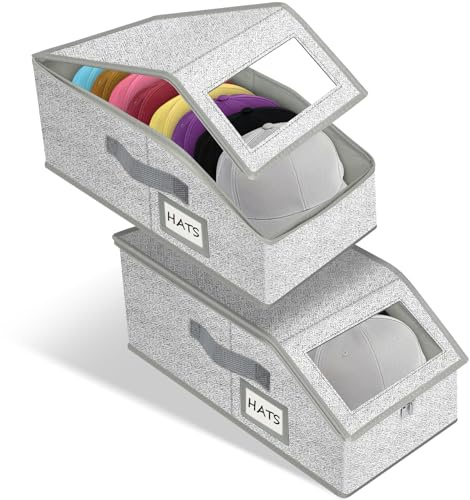 YHANEC Juego de 2 cajas de almacenamiento para gorras de béisbol y sombreros, organizador de sombreros transparente con ventana transparente, soporte de tapa apilable con doble cremallera para armario