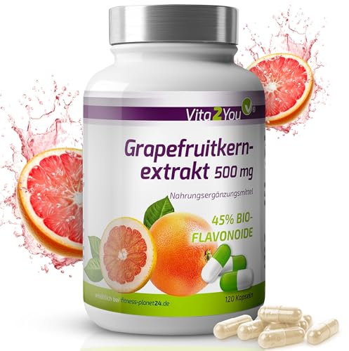 Vita2You Grapefruitkernextrakt 500mg - 120 Kapseln - 45% Bio-Flavonoide - entspricht 225mg pro Kapsel - Hochdosiert - Premium Qualität