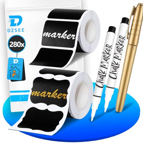 DZSEE Tafel Aufkleber, Wasserdichte Etiketten Selbstklebend mit 2 Kreidemarker, Ablösbare Universal-Aufkleber für Gläser, Küche Gewürzgläser, Flaschen| 280 stück+2 Stift-A. Patent 008542377-0003