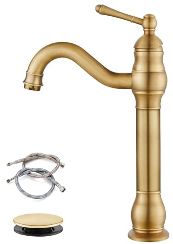 gotonovo Vessel Sink Faucet 360° Swivel Spout Single Handle Tall Bathroom Faucet 1 Hole Farmhouse Lavatory Washbasin Mixer Tap Matching Supply Hoses, with Pop Up Drain, Antique Brass