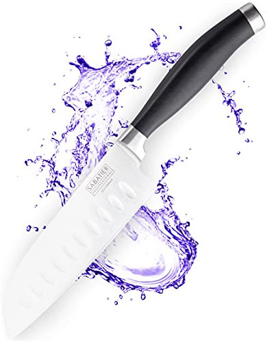 Sabatier Professional Oriental Santoku Kitchen Knife - 7in/17.5cm Taper Ground Stainless Steel Blade, Matt Black Rubberised Comfort Handle. Sharp for Longer, Lifetime Performance 25yr Guarantee