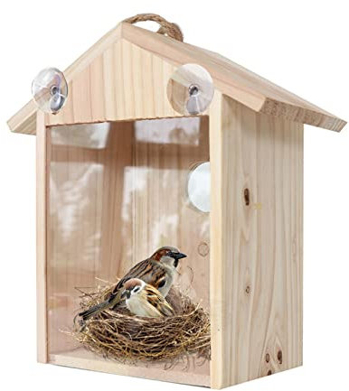 Bseical Vogelhaus Fenster Saugnapf, Nistkasten Meisen Holz, Vogelhäuschen Zum Aufhängen Wetterfest, Vogelnest, Nistkasten Naturholz Wandmontage Outdoor Garten Haus Pro Spatzen Turmfalke Glas Sichtbar