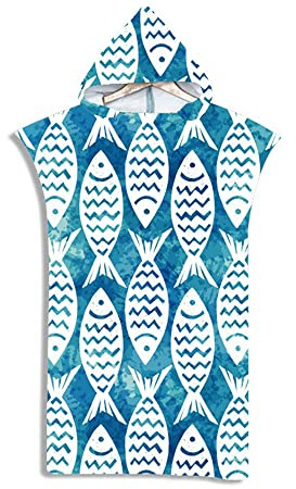 Highdi Changing Robe Hooded Towel, Abstract Surfing Poncho Bath Towel Quick Dry Light Weight Blanket for Adult/Women/Men Swimming Wetsuit Changing Camping One Size Fit All (Fish,75x110cm)