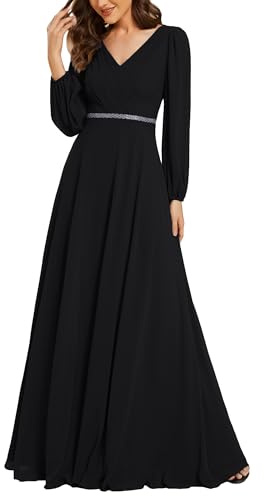 Ever-Pretty Vestito Elegante Donna Cerimonia Manica Lunga Scollo A V Gonna Lunga Fino al Pavimento Abito da Sera Noir 50