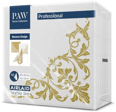 PAW - Tovaglioli di Carta Colorati - Airlaid (40 x 40 cm) I 50 Pezzi I Ideale per Matrimonio, Battesimo, Comunione, Compleanno I Tovaglioli Stoffa Colorati I Motivo Inverso Bianco-oro