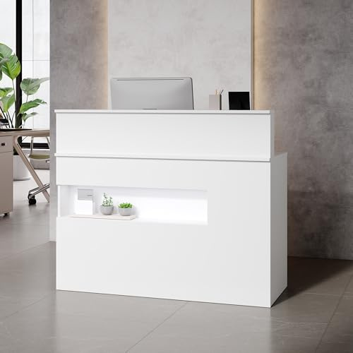 PREMTURE Reception Desk with LED Lights & Display Shelf, White Reception Counter with Lockable Drawers for Company Halls, Hotel Receptions, Clothing Stores, Beauty Salon, 50D x 120W x 100H cm