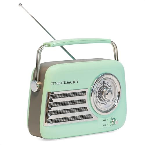 Madison - FREESOUND-VR40GR - Radio Vintage 30W sur Batterie Longue autonomie - Bluetooth, USB & FM - Vert pâle - Vintage, Nostalgie, rétro