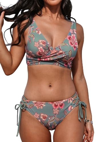 CUPSHE Ensemble Bikini Balconnet Empiècement Floral Col en V Deux Pièces, M