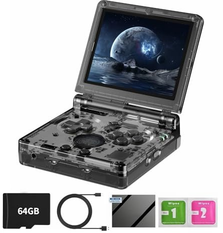 RG35XXSP Consoles de jeux portables à clapet avec carte TF 64 Go intégrée Plus de 5 000 jeux Style portable Console de jeux vidéo portable à rabat Système Linux avec étui (noir transparent)