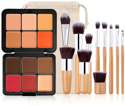 JasCherry 12 Colori Coprenza Elevata a Lunga Tenuta Correttore Crema Concealer Palette Fard Blush Contouring Viso Correttori Makeup Gift Set per Hide Occhiaie e Imperfezioni con 10 Pennelli Trucco