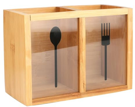 SHTALHST Küchenutensilienhalter,Bambus Küchenutensilienhalter mit 2 Fächern, 18 x 13 x 9 cm, Natur- Platzsparende Aufbewahrung für Besteck, Löffel & Küchenhelfer - Bambus mit Rohlackbehandlung