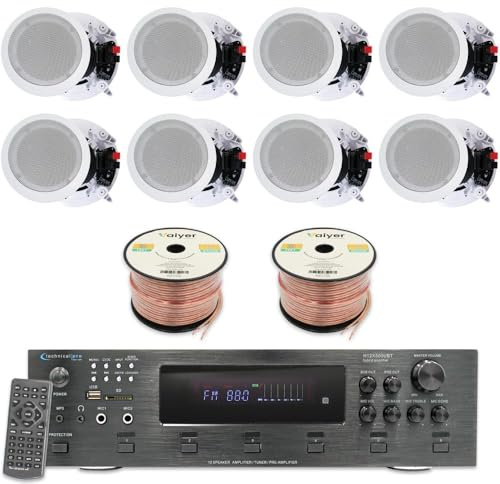 Kit sistema Home Theater, amplificatore Bluetooth a 6 canali, 6000 Watt, 8 altoparlanti da soffitto da 20,3 cm, 300 W ciascuno, cavo per altoparlanti e telecomando da 16 AWG, 152,4 m, ideale per casa