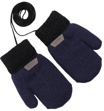 DWE Kids Gloves Mittens, Baby Toddler Gloves Winter Warm Kids Boys Girls Full Finger Knitted Gloves Cold Weather Children Gloves with String (Navy, M: 4-8 Years)