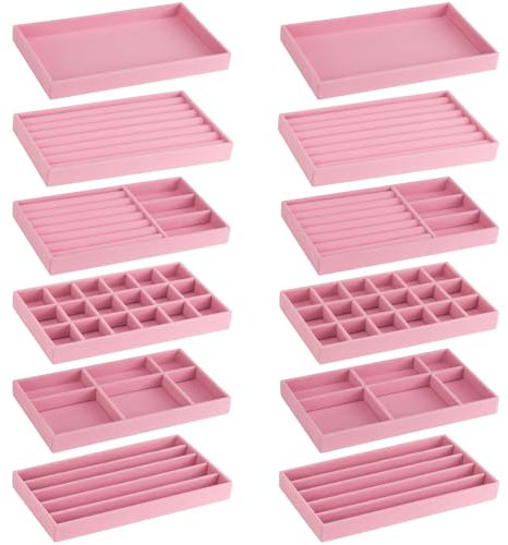 12 scatole impilabili in velluto, organizer per cassetti dei gioielli, grande vassoio rimovibile, per orecchini, anello, spilla, orologio (rosa)