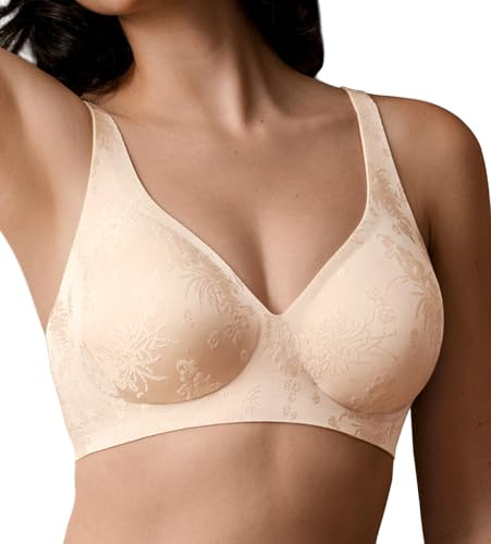 SHARICCA Bras for Women Seamless Full Coverage Push Up Deep V Jacquard Soft Bralette with Comfortable Support,Golden,L