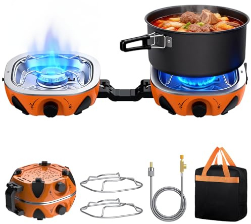 FUNYKICH Fornello da Campeggio a 2 Fuochi Pieghevole,2× 3Kw,Fornello da Campeggio,Fornello a Gas Portatile per Campeggio,Accensione Piezoelettrica,per Grill all’Aperto,con Borsa di Trasporto