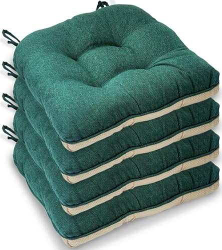 Casabella Chair pads - Dining Chairs Cushion - 4 Pc Cushions 45x45+8cm Non Slip Backing Chairpads - Tufted Seat pads With Ties - Durable & Soft Cushions for Kitchen, Garden - Jade Green