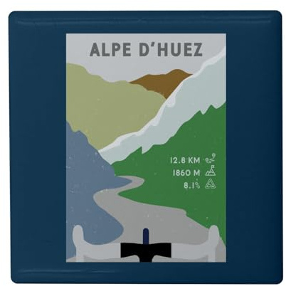 Fyrkantig keramisk kylmagnet - Alpe d'Huez cykling Frankrike berg torn - format 5 x 5 cm, dekorativ magnet souvenir för kylskåp och magnetisk tavla, tryckt i Frankrike