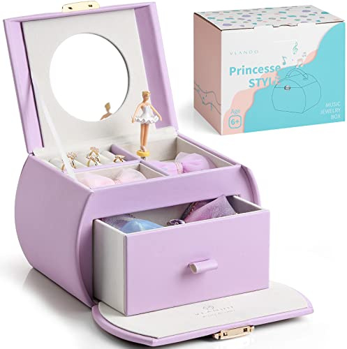 VLANDO Carillon Ballerina, portagioie con chiusura a chiave, in pelle PU, con cassetti, portagioie per bambini, scatola portagioie con cannone, regalo per ragazze 6, 7, 8 anni