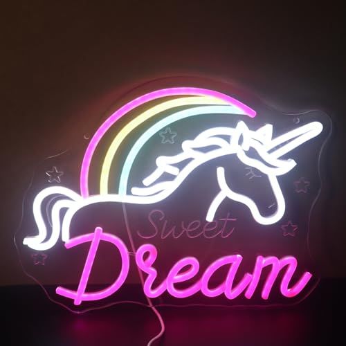 Unicornio y arcoíris Dulce sueño luz de neón - Letrero de pared LED mágico del cielo nocturno para decoración de habitación de niñas, luz nocturna USB regulable con kit de suspensión, inspiradora
