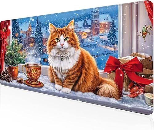 Musmatta kattunge spelmusmatta jul stor skrivbordsmatta 1 600 x 800 x 3 mm, arbete från hem väsentligheter halkfri gummibas speciell texturerad vattentålig yta slitstark för PC, bärbar dator Y1-1134