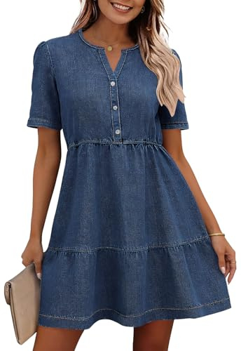Ancapelion Denim Dress for Women Babydoll Short Sleeve Button Down Jean Shirt Dresses Summer Cotton Casual Dresses