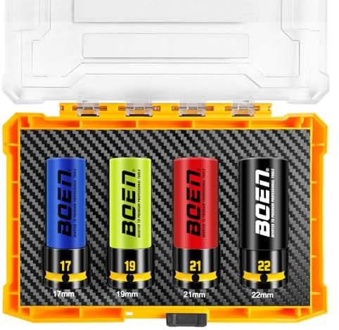 Mr.wintek 1/2 Drive Wheel Sockets, Impact Non-Marring Lug Nut Socket Set | 6-Point, Metric, 17, 19, 21, 22mm, Thin Wall, Cr-Mo, Color-Coded, Embossed and Painted Marking, Electroplated Coating
