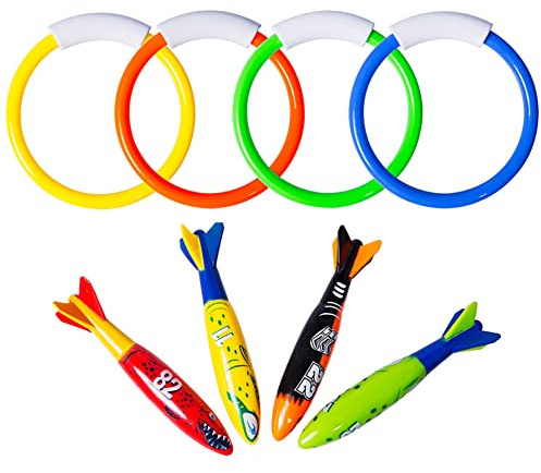Underwater Pool Diving Toys, 8 Pcs Water Pool Toys for Kids Ages 4-8 8-12 Diving Rings and Pool Torpedo Set Training Dive Rings Swim Toys