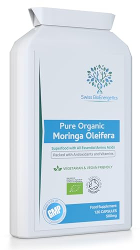 Pure Organic Moringa Oleifera 500mg 120 Capsules - no fillers or Flowing Agents - 100% Natural Soil Association Certified High Strength Superfood with All Essential Amino Acids