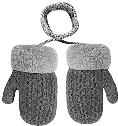 Cysocool Kinder Winter Fäustlinge Handschuhe mit Band 0-3 Jahre Baby Mädchen Jungen Dicke Strickhandschuh Warme Handschuhe mit Plüsch Kleinkinder Skihandschuhe Fäustel Fäustlinge,B-Dunkelgrau