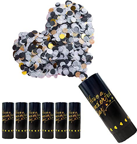 DEARLIVES 6 Pcs Black Confetti Cannons, Biodegradable Confetti Wedding Party Poppers 11cm with Twisting Black Turntable to Left for Graduation Bridal Anniversary New Year Celebration Supplies