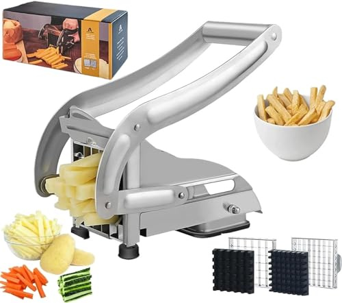 French Fry Cutter, Stainless Steel Potato Cutter Slicer with 1/2 & 3/8 Blades, Non-Slip Suction Base, Manual Potato Fry Cutter for Potatoes, Carrot, Cucumber for Home Kitchen Use