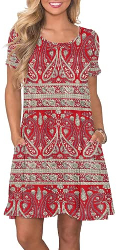 AUSELILY Vestidos Verano Mujer Vestido T-Shirt Casual Manga Corta con Bolsillos Flor Boho Roja M