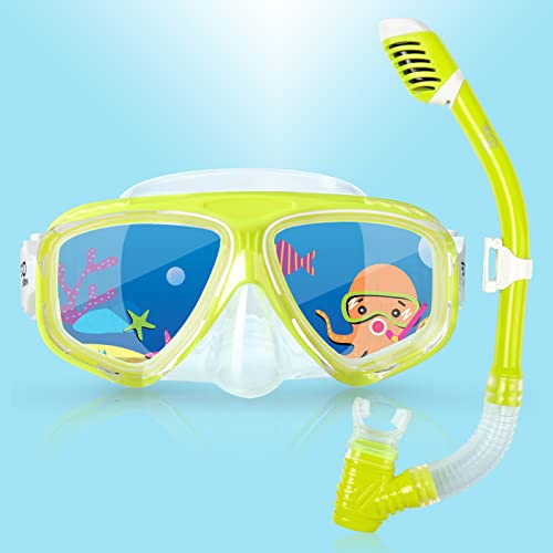 Masque de plongée avec Tuba pour Enfants, Masque de plongée Anti-buée avec Vue panoramique à 180 ° pour garçons et Filles avec Couvre-Nez, équipement de plongée avec Tuba pour Junior (Ensemble Jaune)
