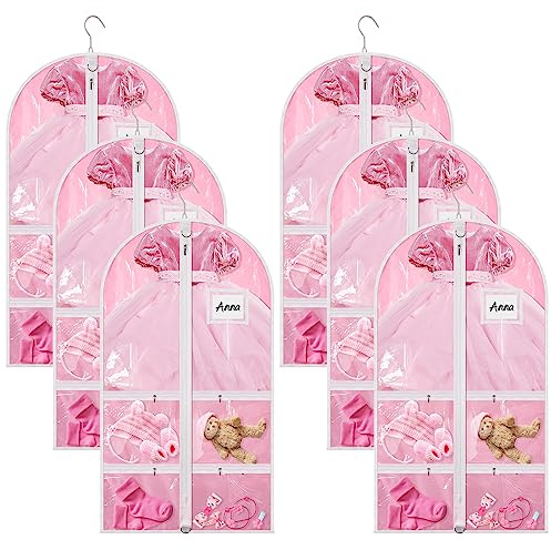 Nuenen 6pcs Garment Bags for Dance Costume Clothing Bags Hanging Clothes Clear Dance Garment Carrier for Dancers with 5 Zipper Pockets Closet Hanging Clothes Cover (Pink)