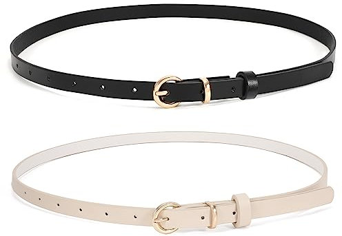 WHIPPY 2er-Pack dünner Damen Ledergürtel schmaler Taillengürtel schmal Gürtel mit goldener Kreisschnalle für Kleid Hose Jeans，schwarz/beige，110cm