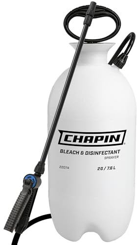 Chapin 22074: Made in The USA Disinfectant Bleach Pressure Pump Tank Sprayer, 2-Gallon, Adjustable Cone Nozzle, Compatible with Bleach Solutions and Fungicides, Translucent White | Designed for bleach and disinfecting jobs, with chemical-resistant seals and a translucent tank to show fluid level