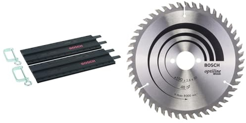 Bosch 2x Führungsschiene aus Kunststoff mit Schraubzwingen (2x 350 mm, Zubehör Kreissägen) & Bosch Professional 1x Kreissägeblatt Optiline Wood