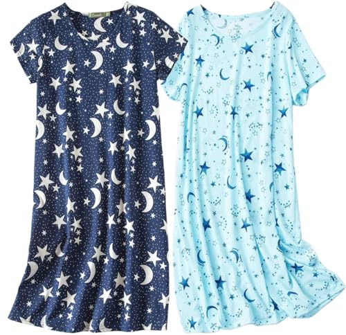BERDITH 2 Pack Nighties for Women Nightdress Ladies Cotton Blend Nightie Soft Night Dress Womens T Shirt Nightdresses Summer Plus Size Nightwear Sleep & Lounge UK 26-28 navy stars Mum Mummy