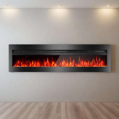 60 Elektrokamin Elektrischer Kamin Einbau 152.4cm x32.63 cm x13 cm Kristallstein-Ornamente 9 Flammenfarben 5 Helligkeitsstufen 15-27°C Temperaturregelung gehärtetes Glas für 37 m²