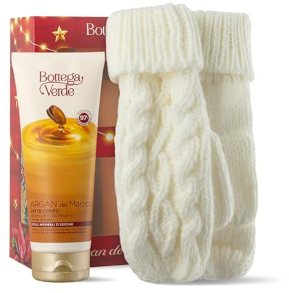 Bottega Verde - Argan del Marocco, Confezione Regalo con Latte Corpo 200 ml con Olio di Argan e Muffole Tricot Calde, in un Elegante Cofanetto, Idea Regalo