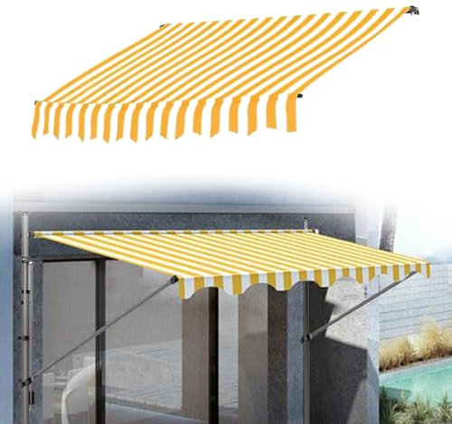 Manuellt infällbar randig klämmarkis som ersättning för terrassmarkis av polyestertyg med PU-beläggning (färg: Gul, storlek: 350 x 160 cm (138 x 63 tum)
