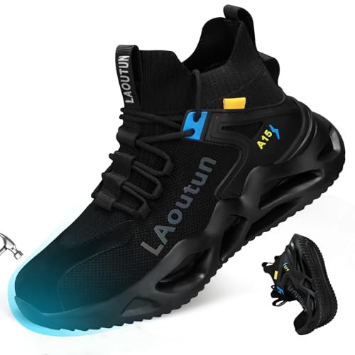 LAoutun Safety Trainers Mens Shoes Comfortable Steel Toe Cap Boots Lightweight Work Boots for Men Work Trainers Industrial Protective Shoes Dark Black