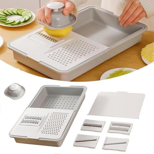 DAO-UPPSE Planche à découper râpe Peu encombrante avec bac à déchets, Panier de vidange à Double Zone, ustensile de Cuisine à 6 Fonctions