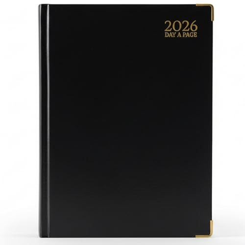 TB1 Products 2026 A4 Day a Page Diary Black – Large Daily Hardback Planner with UK Holidays, Notes, Contacts & Global Info – Full Page Per Day Organiser for Office & Study