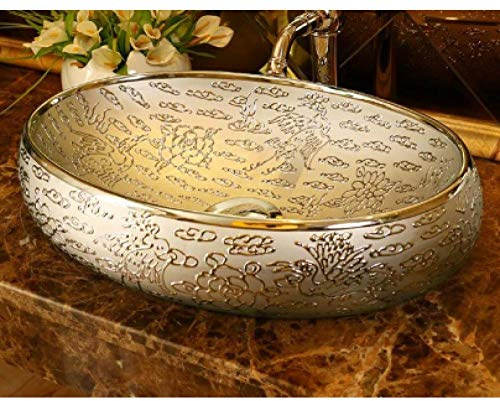 Lavandino da bagno, lavabo da appoggio ovale in porcellana classica, dipinto artistico, lavabo da appoggio in ceramica, porcellana-B