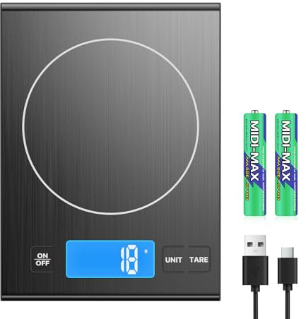 Bascula Cocina Digital de 15 kg, [ Recargable y Baterias ] Diyife Bascula Cocina Recargable, Peso de Cocina Precisión de 1 g/0.1 oz, Acero Inoxidable,Pantalla LCD,Función de Tara,para Alimentos,Negro