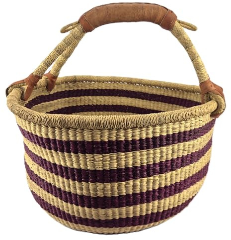 Cesto Rotondo Bolga Grande circa Ø 40 x 40 cm – Artigianale dal Ghana – Fair Trade – Cesto per la Spesa con Manico in Pelle – Righe Rosso Scuro e Naturali