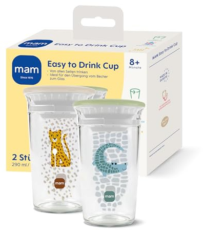 MAM Easy to Drink Cup | 360° Learning Cup from 8+ Mon | Leak-Proof Silicone Insert with Valve | BPA & BPS Free | Easy to Clean | Baby & Children's Drinking Cup | 290 ml | Crocodile/Leo | Pack of 2