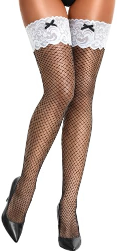 RSLOVE Fishnet Stockings for Women - Lace Hold Ups Sexy Anti-Skid Silicone Thigh High with Bow
